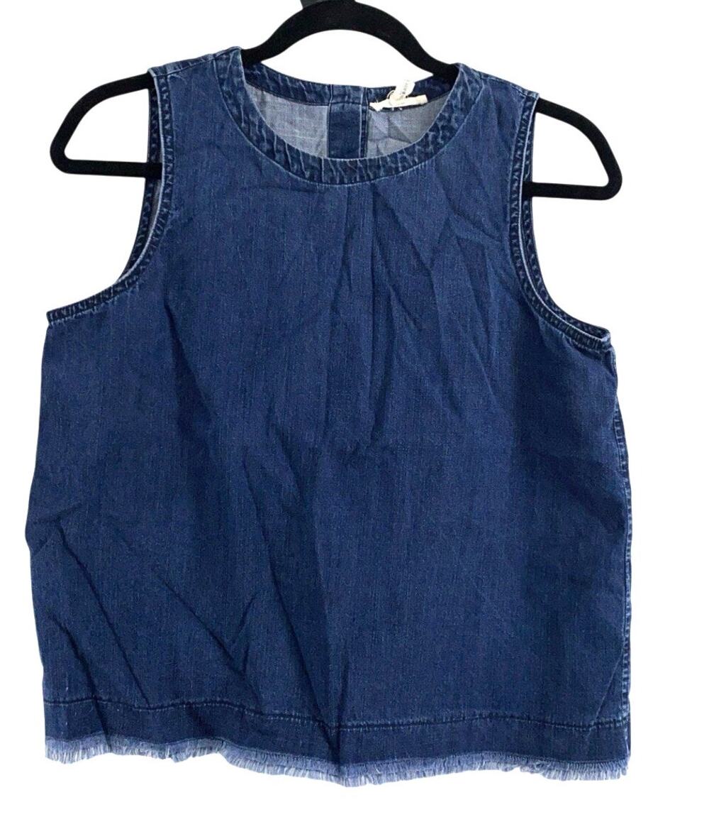 Eileen Fisher Sleeveless Denim Blue Top XS Fringe Hem Button Down Back